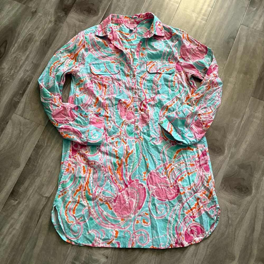 Lilly Pulitzer‎ Murfee Tunic Dress S Small Pink Blue Paisley Cotton Button Down